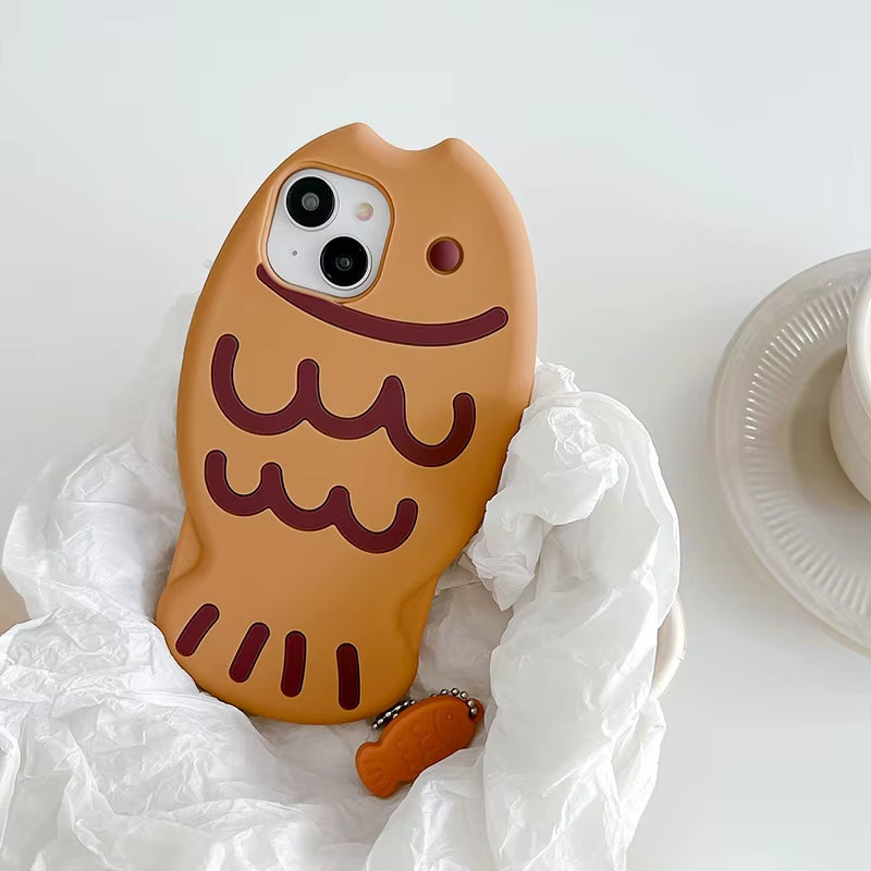 Cute Cartoon Animal 3D Taiyaki Fish Phone Case for Iphone 16 15 14 13 12 11 Shockproof Bumper Soft Silicone Bubble Phone Cover