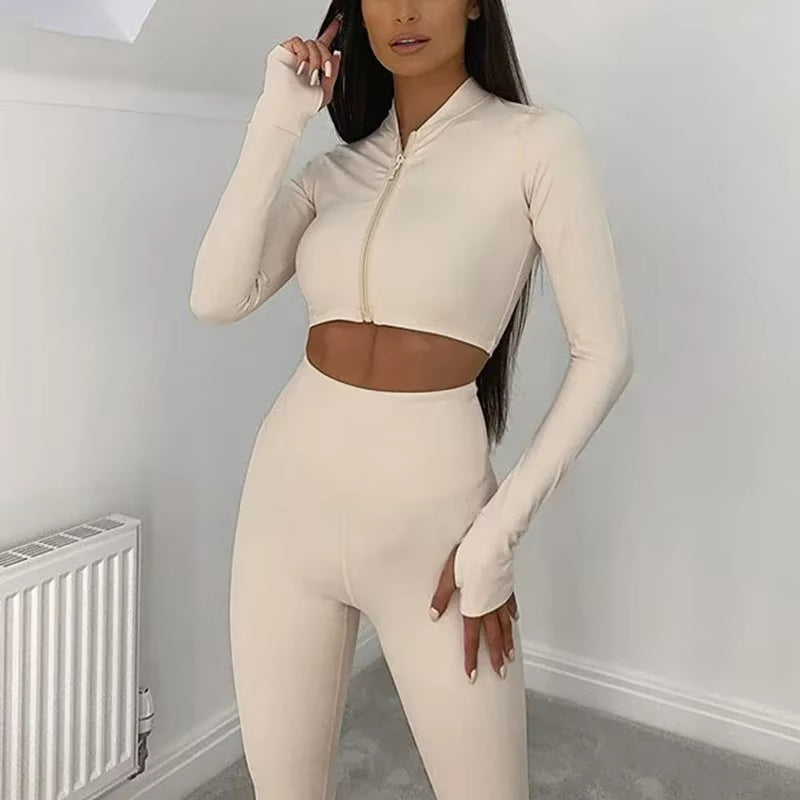 Gym Set Women Tracksuit Long Sleeve Yoga Suit for Fitness Sport Outfit for Woman Sportswear Pilates Clothes Two Piece Wear Khaki