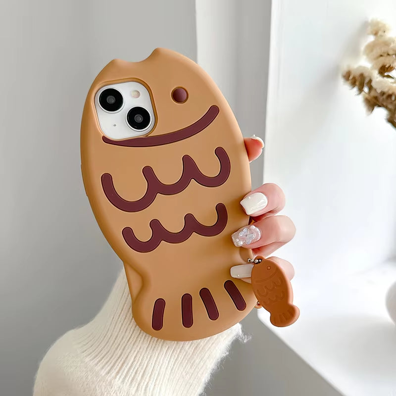 Cute Cartoon Animal 3D Taiyaki Fish Phone Case for Iphone 16 15 14 13 12 11 Shockproof Bumper Soft Silicone Bubble Phone Cover