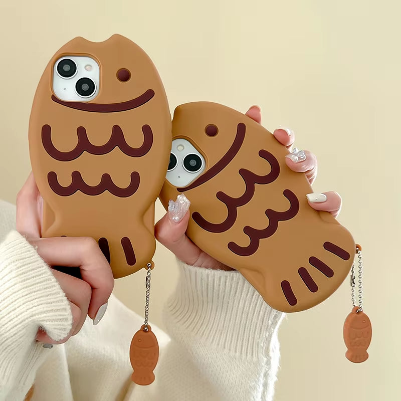 Cute Cartoon Animal 3D Taiyaki Fish Phone Case for Iphone 16 15 14 13 12 11 Shockproof Bumper Soft Silicone Bubble Phone Cover