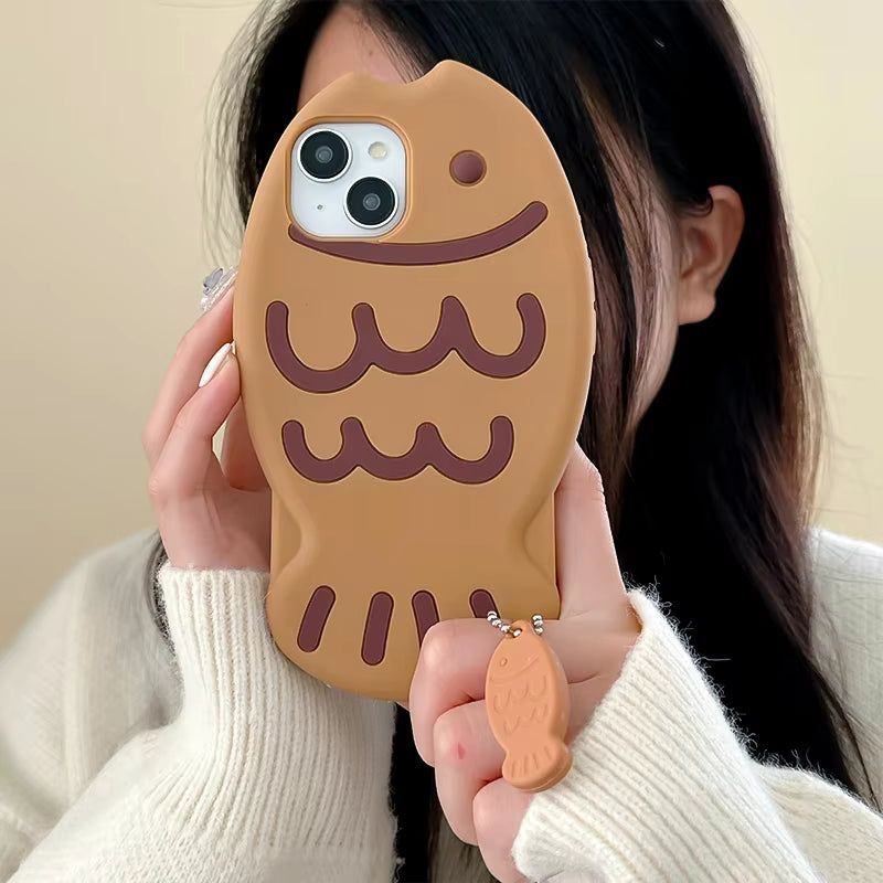 Cute Cartoon Animal 3D Taiyaki Fish Phone Case for Iphone 16 15 14 13 12 11 Shockproof Bumper Soft Silicone Bubble Phone Cover