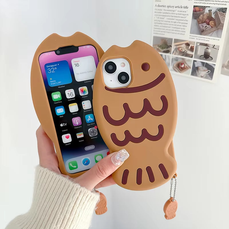 Cute Cartoon Animal 3D Taiyaki Fish Phone Case for Iphone 16 15 14 13 12 11 Shockproof Bumper Soft Silicone Bubble Phone Cover