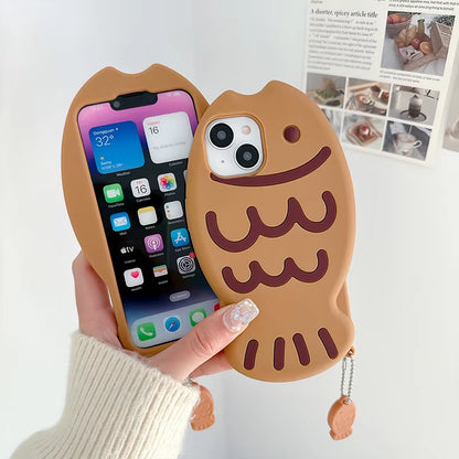 Cute Cartoon Animal 3D Taiyaki Fish Phone Case for Iphone 16 15 14 13 12 11 Shockproof Bumper Soft Silicone Bubble Phone Cover